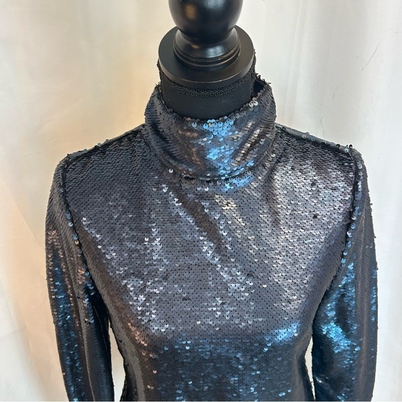SIMONS Icone Matte blue Sequin high neck long sleeve top Sz S - Picture 4 of 13